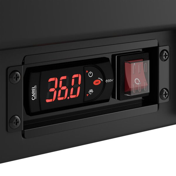 An Avantco black horizontal bottle cooler with a digital display showing red numbers.