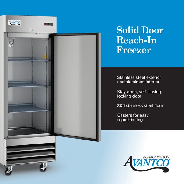 Graphic highlighting solid door freezer features, including stainless steel and 3 shelves.