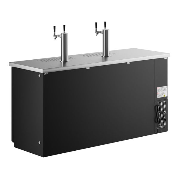 A black rectangular Avantco beer dispenser with two silver metal taps.