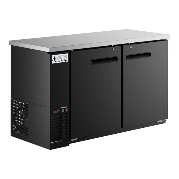An Avantco black back bar refrigerator with two narrow solid doors.