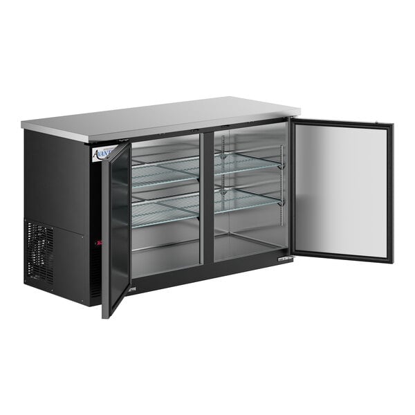 An Avantco black counter height back bar refrigerator with open solid doors.