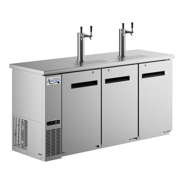 An Avantco stainless steel beer dispenser with two taps.