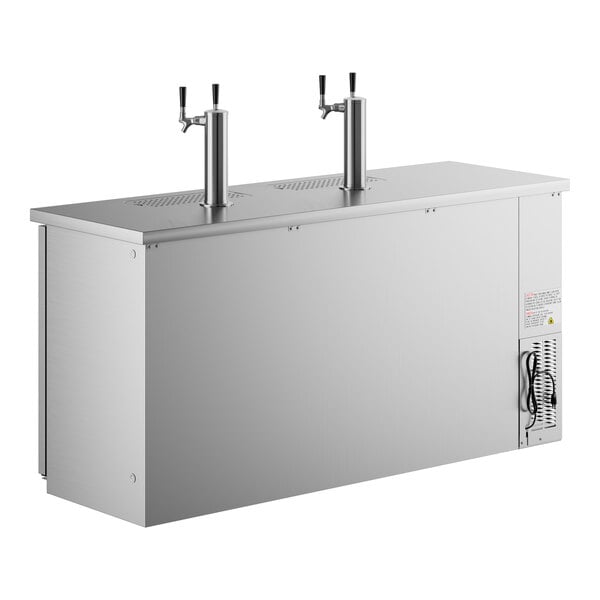 A stainless steel rectangular Avantco beer dispenser with two taps.