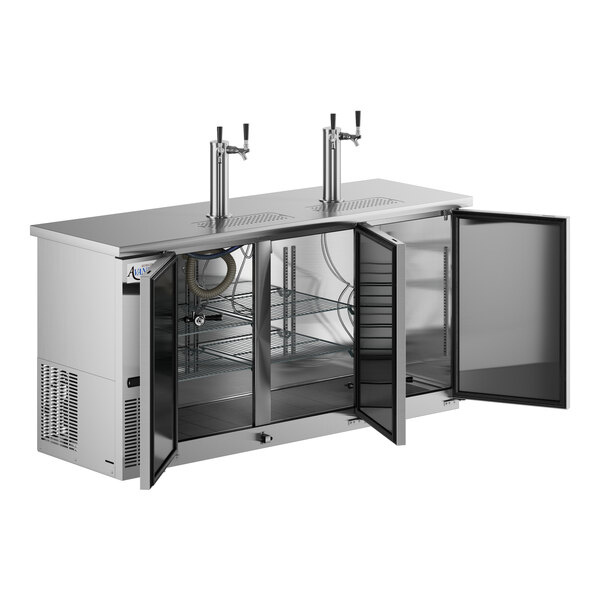 A stainless steel Avantco beer dispenser with two doors and two taps.