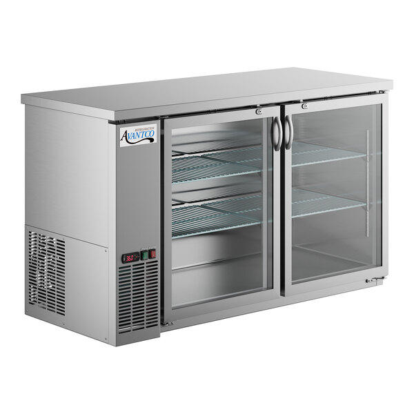 An Avantco stainless steel back bar refrigerator with glass doors.