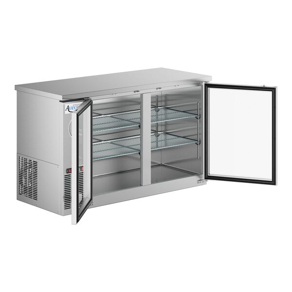 An Avantco stainless steel back bar refrigerator with glass doors open.