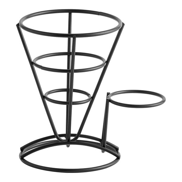 A black metal Clipper Mill wire cone basket with ramekin holder on a table.