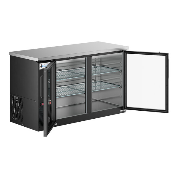An Avantco black counter height back bar refrigerator with glass doors open.