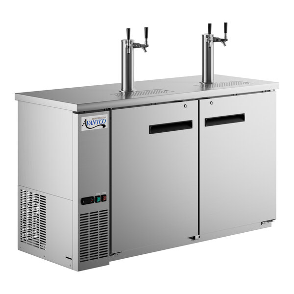An Avantco stainless steel beer dispenser with two taps.