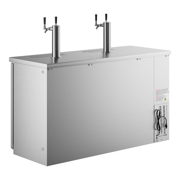 A silver rectangular Avantco beer dispenser with two metal taps.