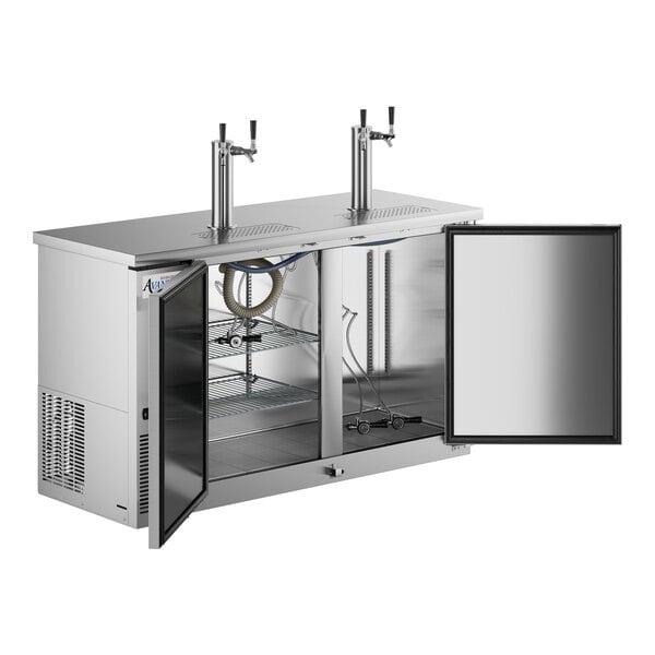 An Avantco stainless steel beer dispenser with two taps and two doors open.