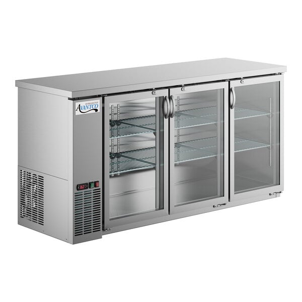 An Avantco stainless steel back bar refrigerator with glass doors.