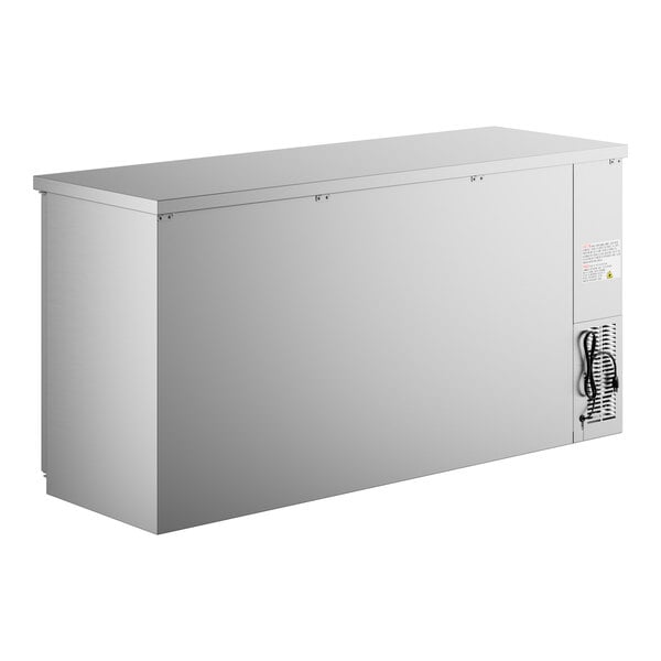 An Avantco stainless steel back bar refrigerator with a glass door open.