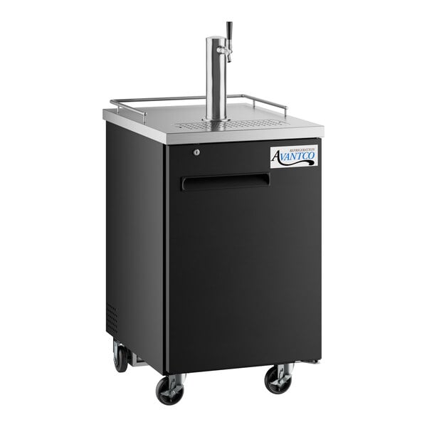 A black and silver Avantco beer dispenser with wheels.