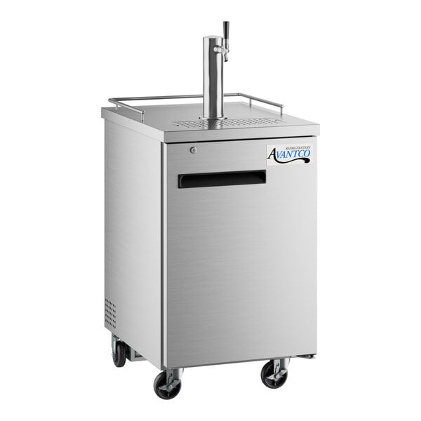 A stainless steel rectangular Avantco UDD-1-HC-S beer dispenser with wheels.
