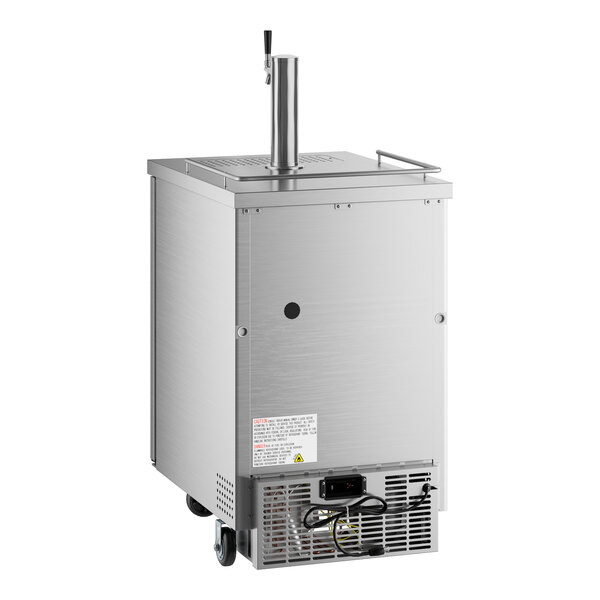 A stainless steel Avantco beer dispenser with a metal handle.