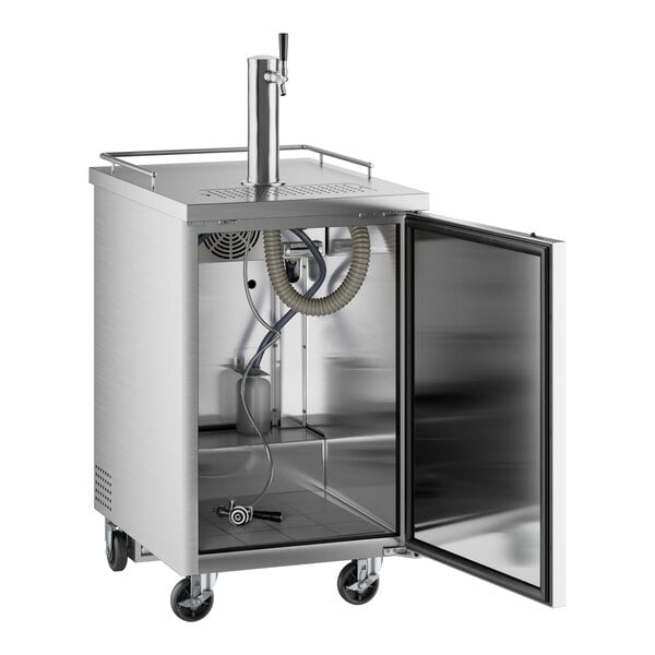 An Avantco stainless steel beer dispenser with a door open.