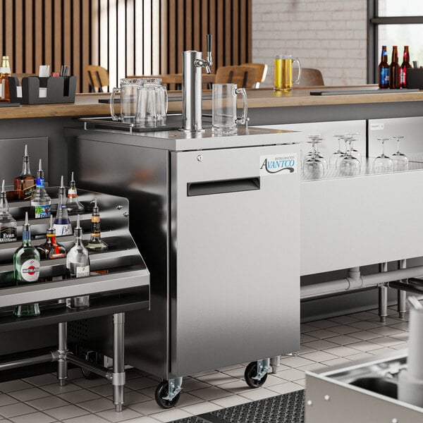 An Avantco stainless steel kegerator with a beer tap.