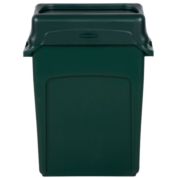 A green Rubbermaid rectangular trash can with a green lid.