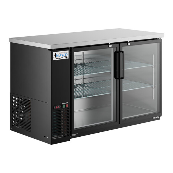 An Avantco black counter height back bar cooler with glass doors.