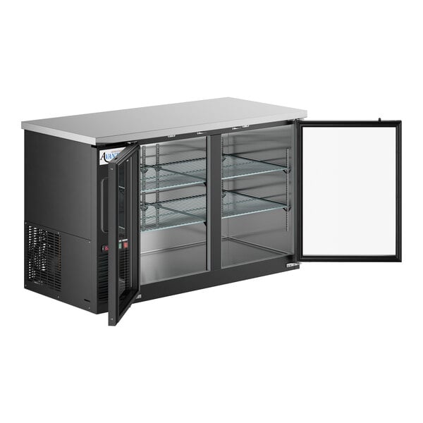 An Avantco black counter height back bar refrigerator with glass doors.