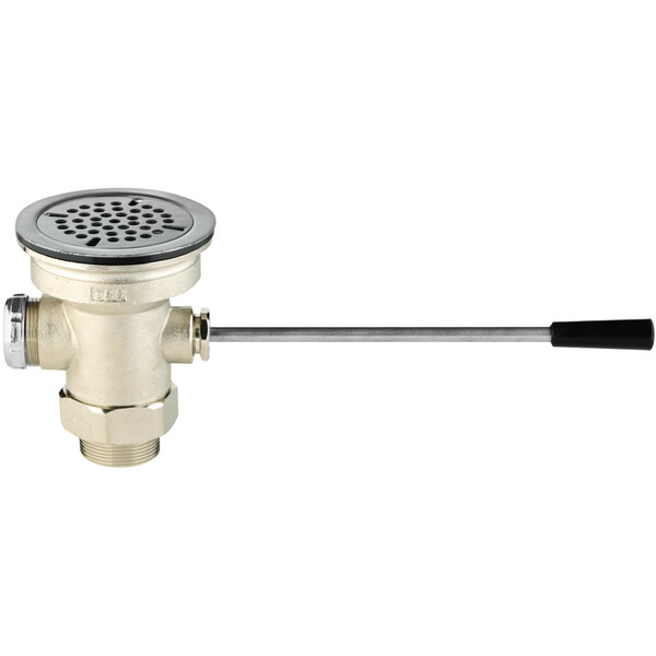 A T&S waste drain valve with lever handle and adapter.