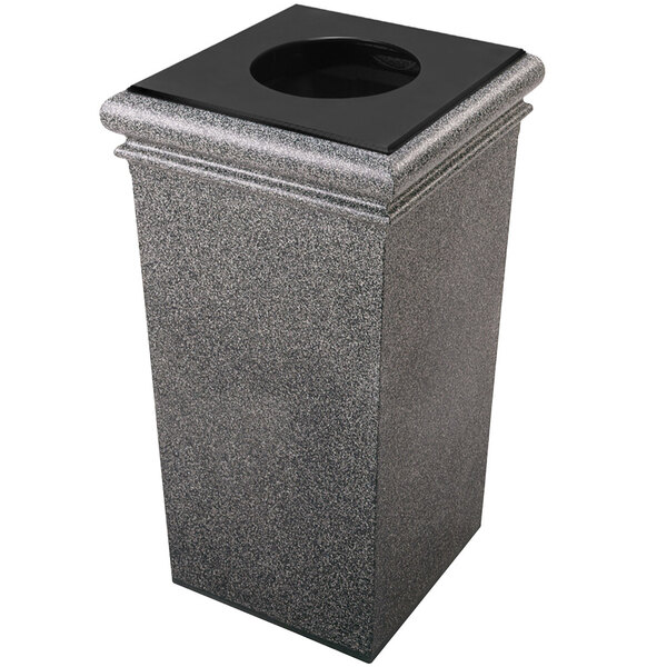 A gray rectangular Commercial Zone StoneTec waste receptacle with a black lid.