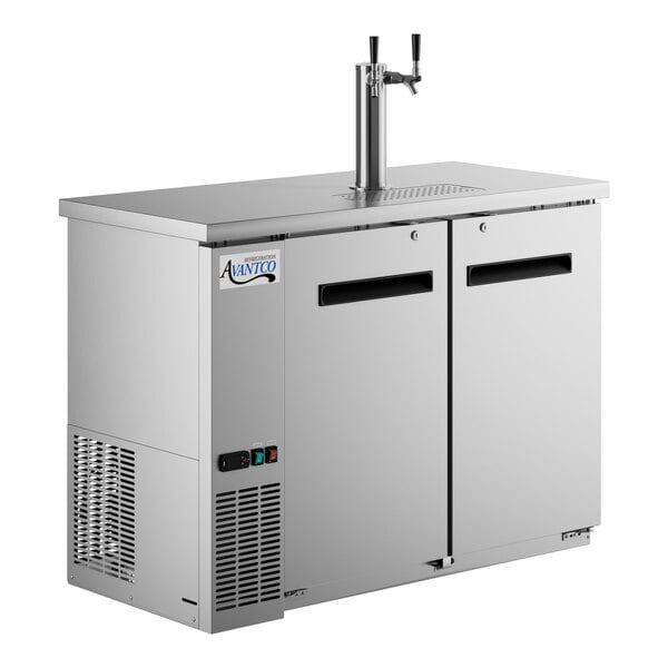 A stainless steel Avantco beer dispenser with two taps.
