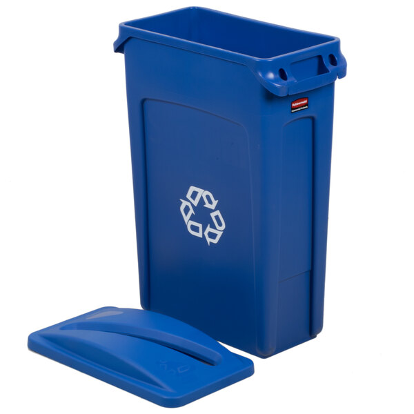 A blue Rubbermaid Slim Jim recycling container with a blue slotted lid and white recycle symbol.