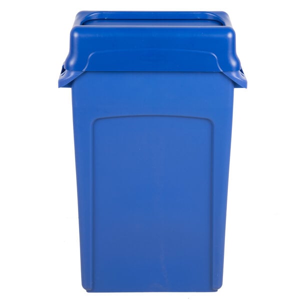 A blue Rubbermaid Slim Jim rectangular trash can with a blue lid.