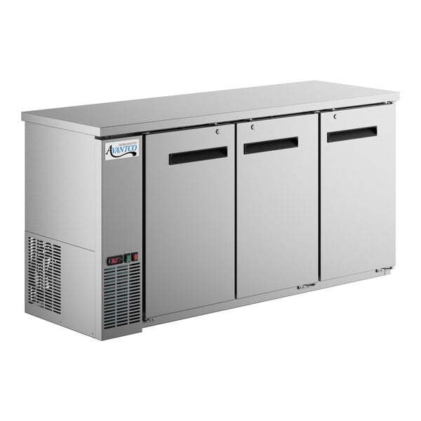 An Avantco stainless steel back bar refrigerator with three narrow solid doors.