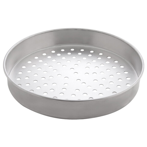 An American Metalcraft tin-plated steel round pizza pan with holes.