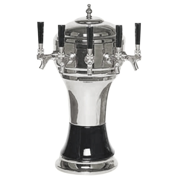 A silver and black Micro Matic Zeus beer tap tower with 5 spouts.