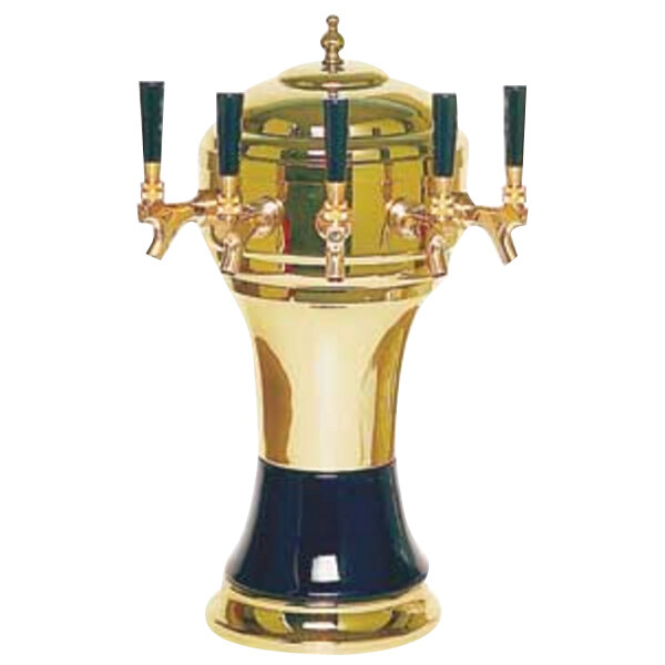 A Micro Matic Zeus brass and black beer dispenser with five taps.
