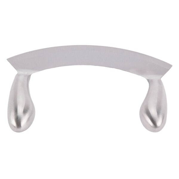 A Winco mezzaluna knife with double stainless steel handles.