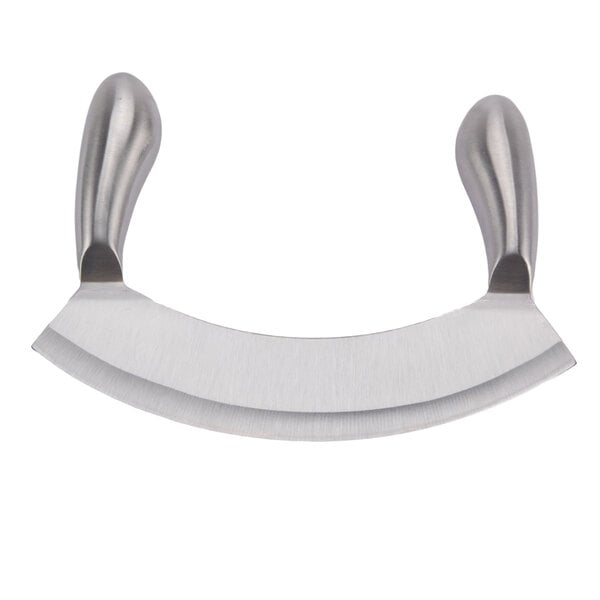 A Winco stainless steel Mezzaluna knife with double handles.