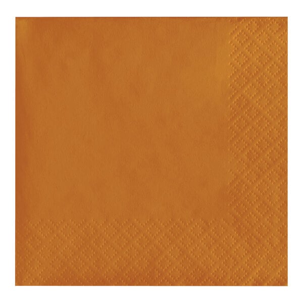 A close up of a Creative Converting Pumpkin Spice Orange paper napkin with a square design.