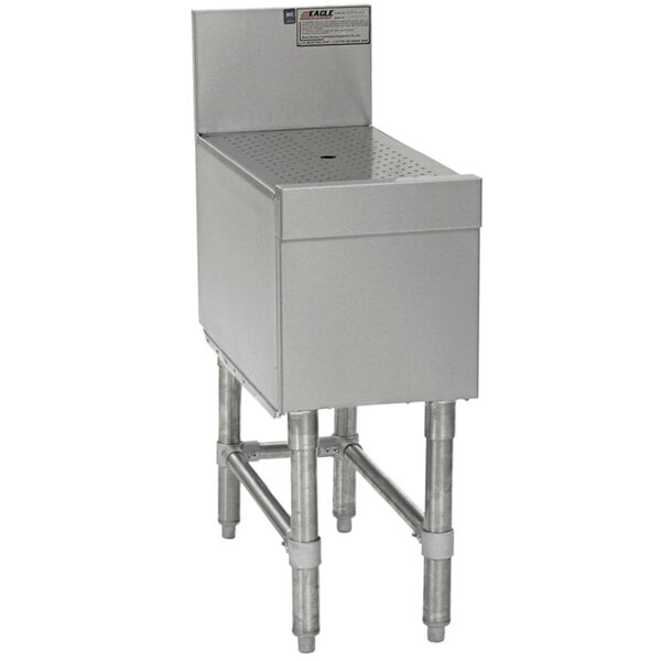 A stainless steel Eagle Group workboard with a drain on top.