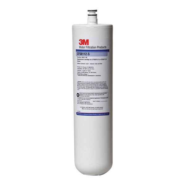 A white 3M cylinder with a blue label for the 3M Water Filtration Polishing Cartridge.