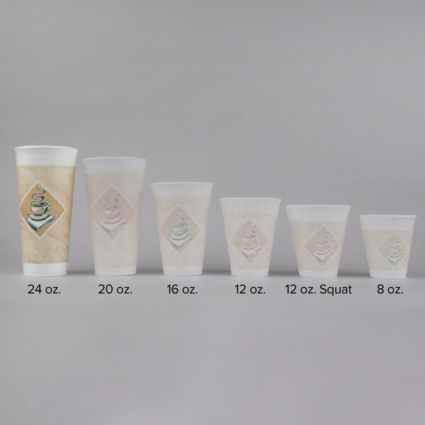 A Dart white foam cup with a logo on it.