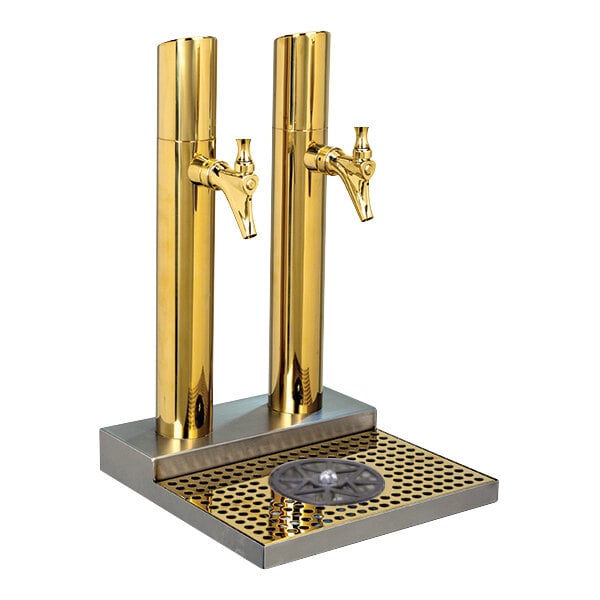 A Micro Matic brass beer dispenser with two gold taps.