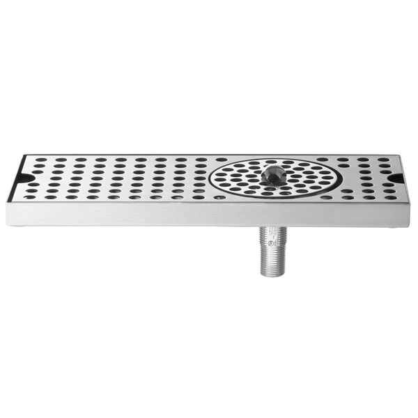 A stainless steel Micro Matic surface mount drip tray drain with holes.