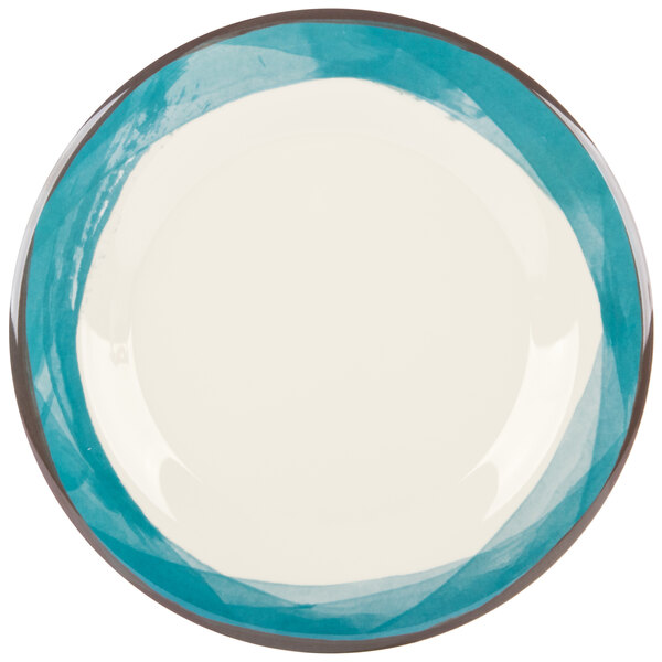 A white melamine plate with a wide rim and a blue edge.