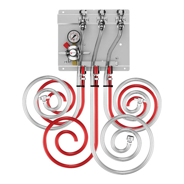 A white metal Micro Matic CO2 regulator panel with a red gauge and two white valves.