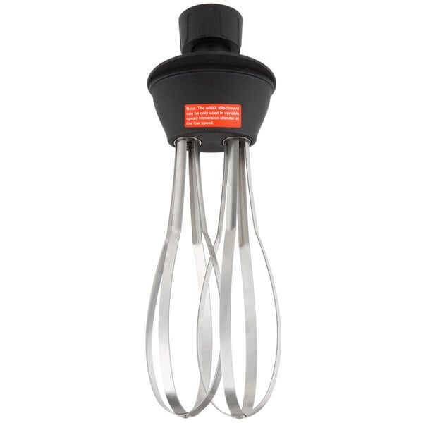 A close-up of a black and silver AvaMix whisk with two handles.
