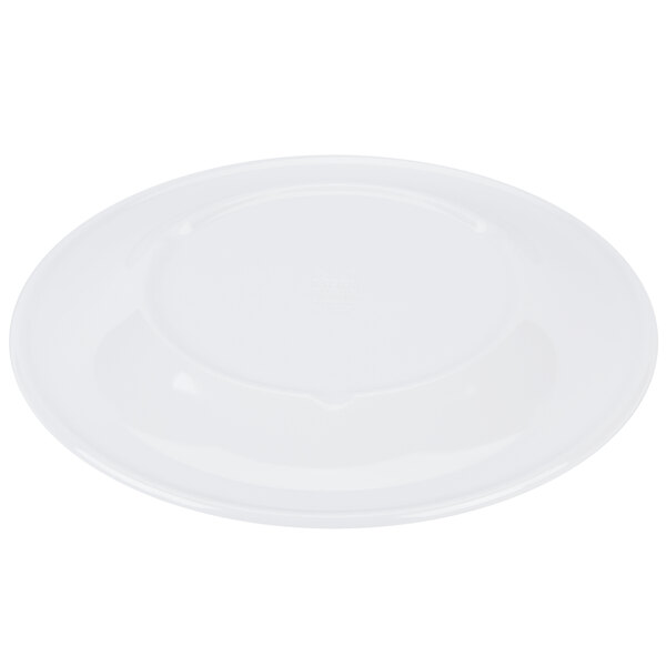 A white melamine plate with a wide circular rim with a yellow edge.