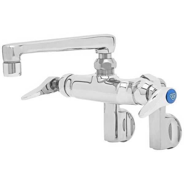 A silver T&S wall mount pantry faucet with blue and a handle.