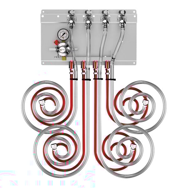 A white Micro Matic CO2 regulator panel with red pipes and gauges.
