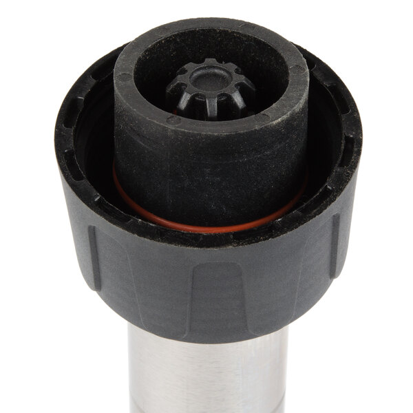 A black plastic and silver blending shaft with a round black cap.