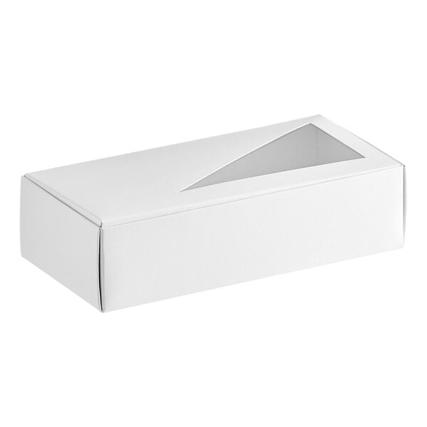 A white rectangular 1 lb. candy box with a clear triangular window.